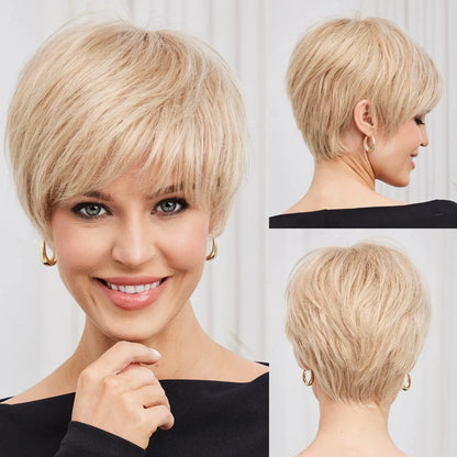 Short Pixie Cut Wig with Bangs – Remy Human Hair, Layered Style - Platinum Blonde - Lyvelle