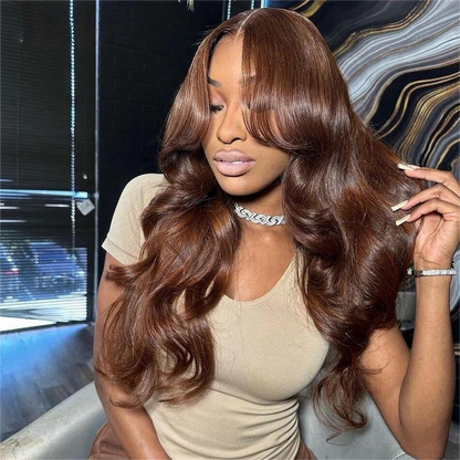 Chocolate Brown #4 13x4 HD Lace Front Body Wave Glueless Human Hair Wig with Curtain Bangs - 14 / 5x5 Glueless Lace / 150% - Lyvelle