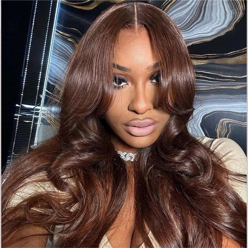 Chocolate Brown #4 13x4 HD Lace Front Body Wave Glueless Human Hair Wig with Curtain Bangs - 14 / 5x5 Glueless Lace / 150% - Lyvelle