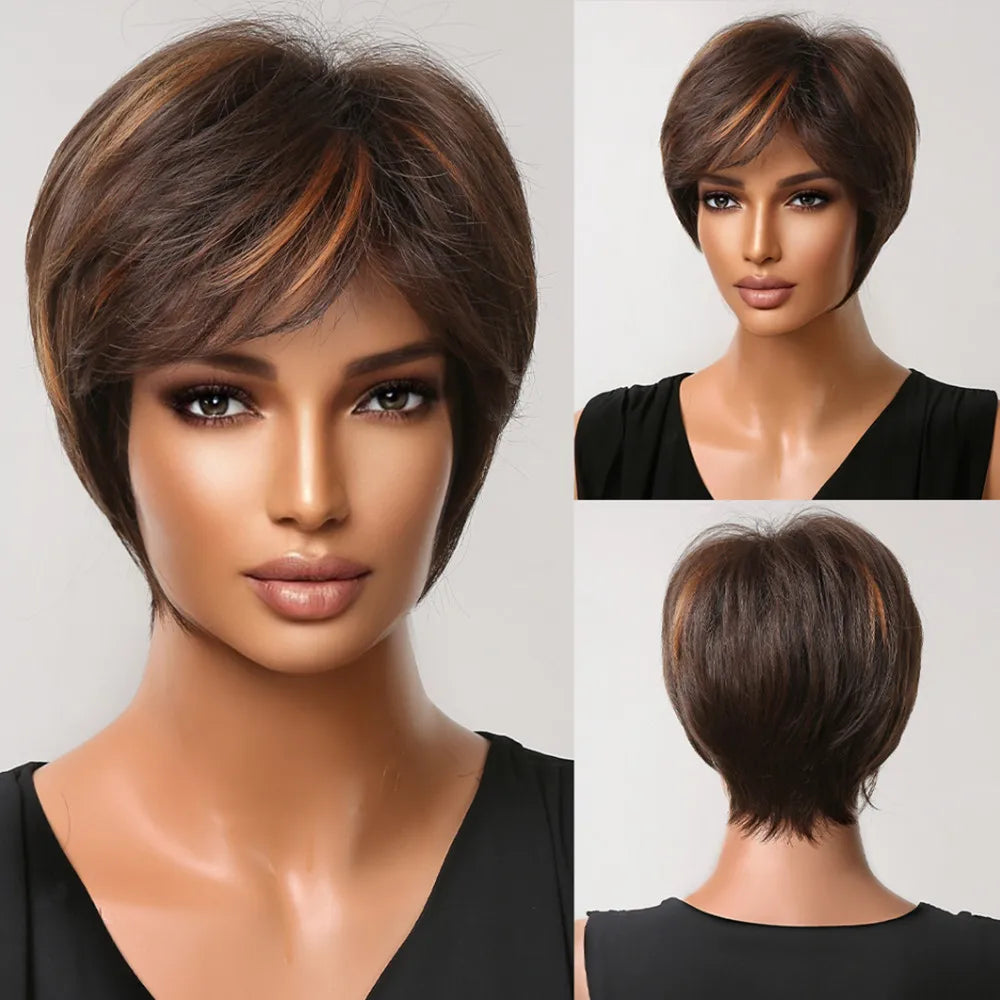 Stunning Ombre Blonde Pixie Cut Synthetic Wig with Bangs - Brown Highlights - Lyvelle