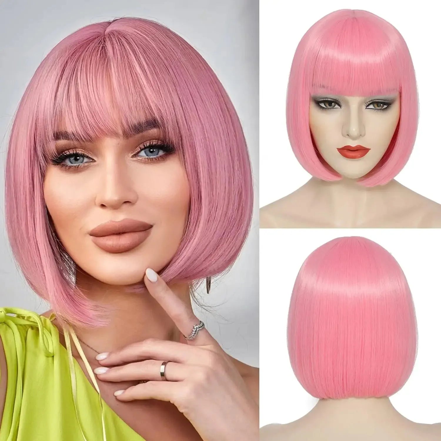 Velvet Luxe Bob Wig – Vibrant Colors Collection with Thick Bangs - 12" / Straight / Pink - Lyvelle