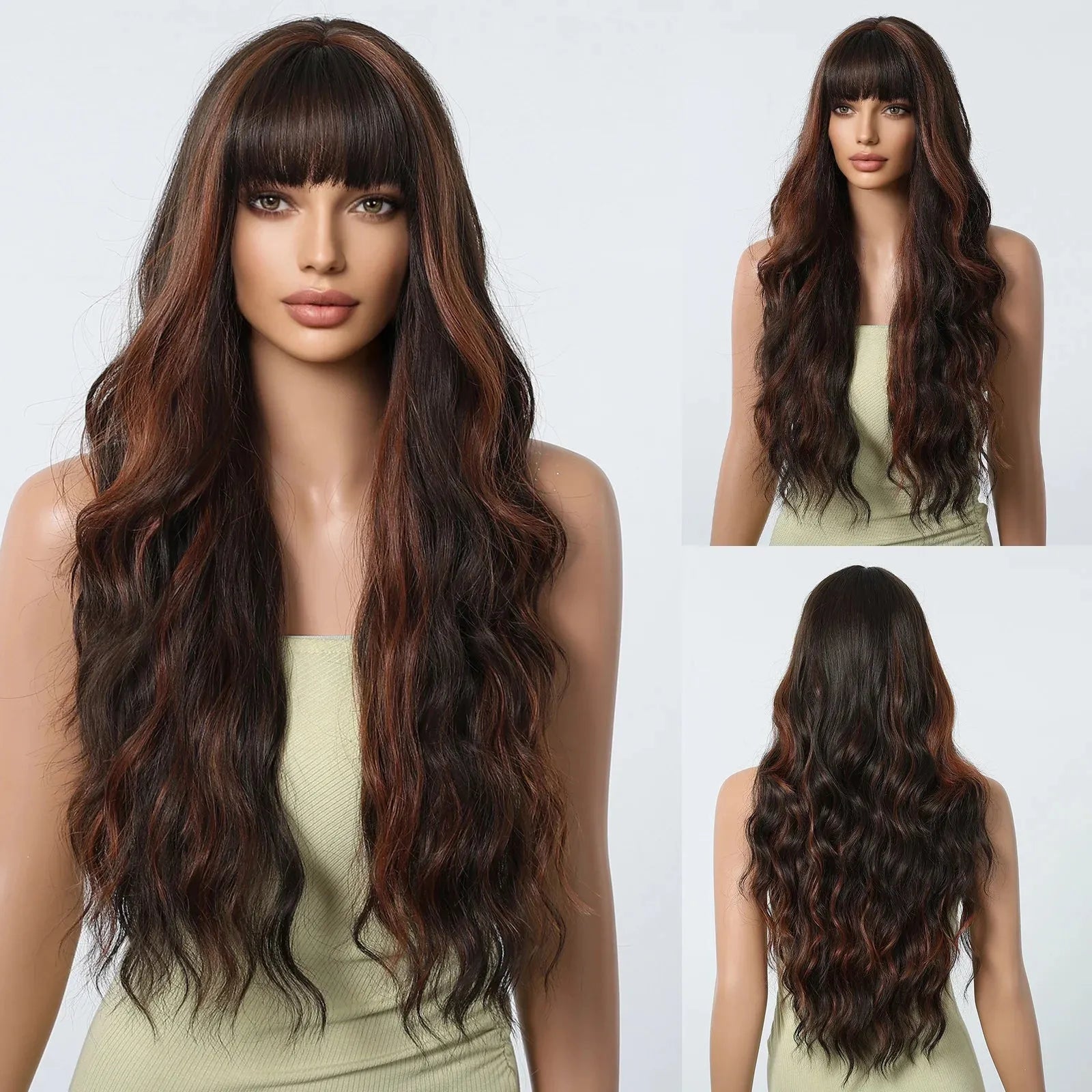 30-Inch Natural Brown Wavy Synthetic Wig with Bangs – Classic Elegance - LC1111-12 / 30" / Natural Wavy - Lyvelle