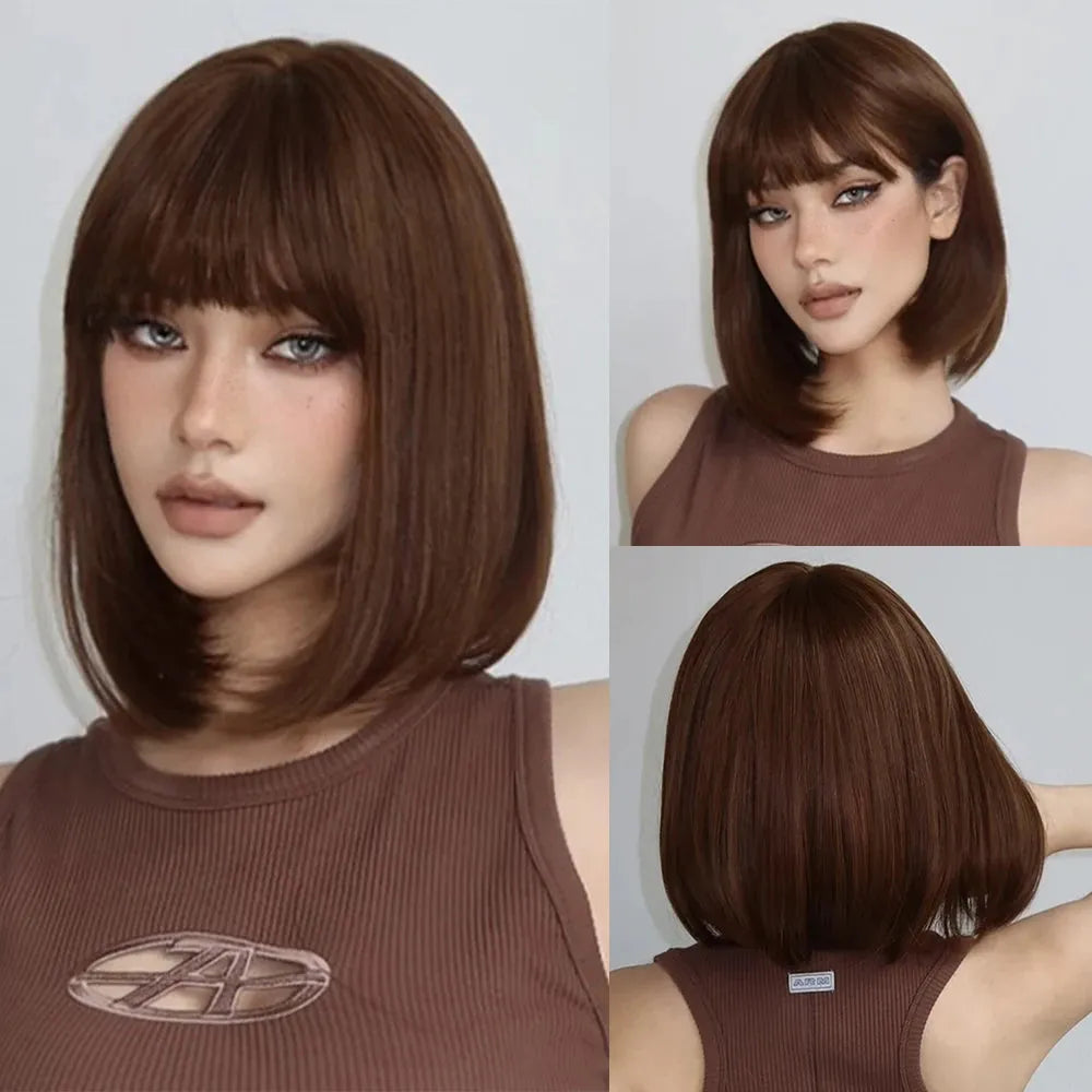 Short Bob Wig with Bangs – Black Brown Synthetic Hair - 12" / Straight / WL1151-1 - Lyvelle