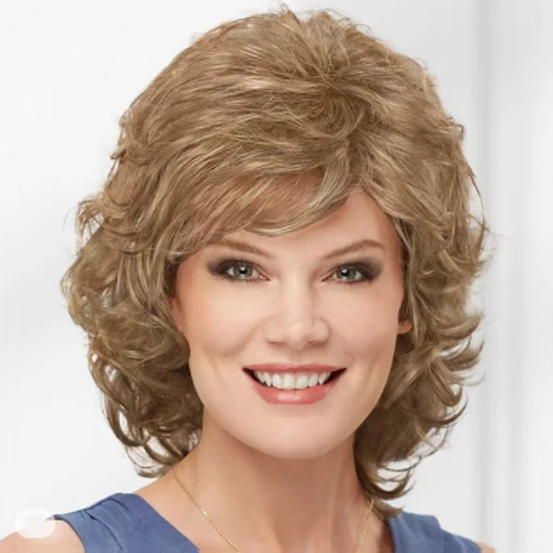 Glamorous Short Curly Synthetic Wig with Bangs - Light Brown - Lyvelle