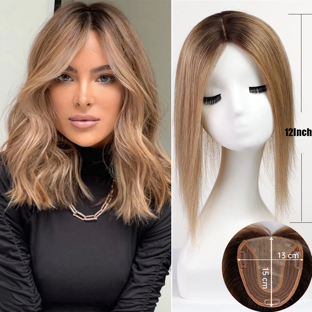 Silk Base Remy Human Hair Toppers – 12 Inches - 12" / Caramel Highlights - Lyvelle