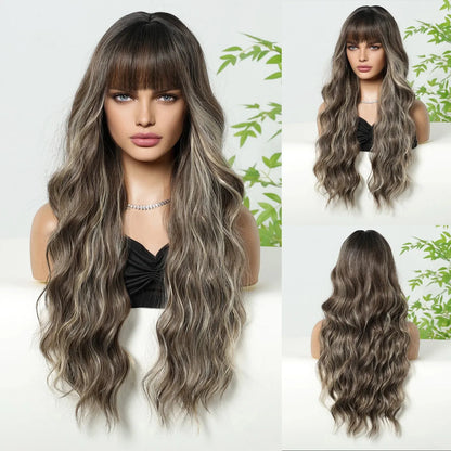 30-Inch Natural Brown Wavy Synthetic Wig with Bangs – Classic Elegance - LC8155-2 / 30" / Natural Wavy - Lyvelle