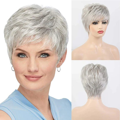 Chic Short Grey Curly Wig with Bangs – Effortless Elegance - Gray White / 8" - Lyvelle