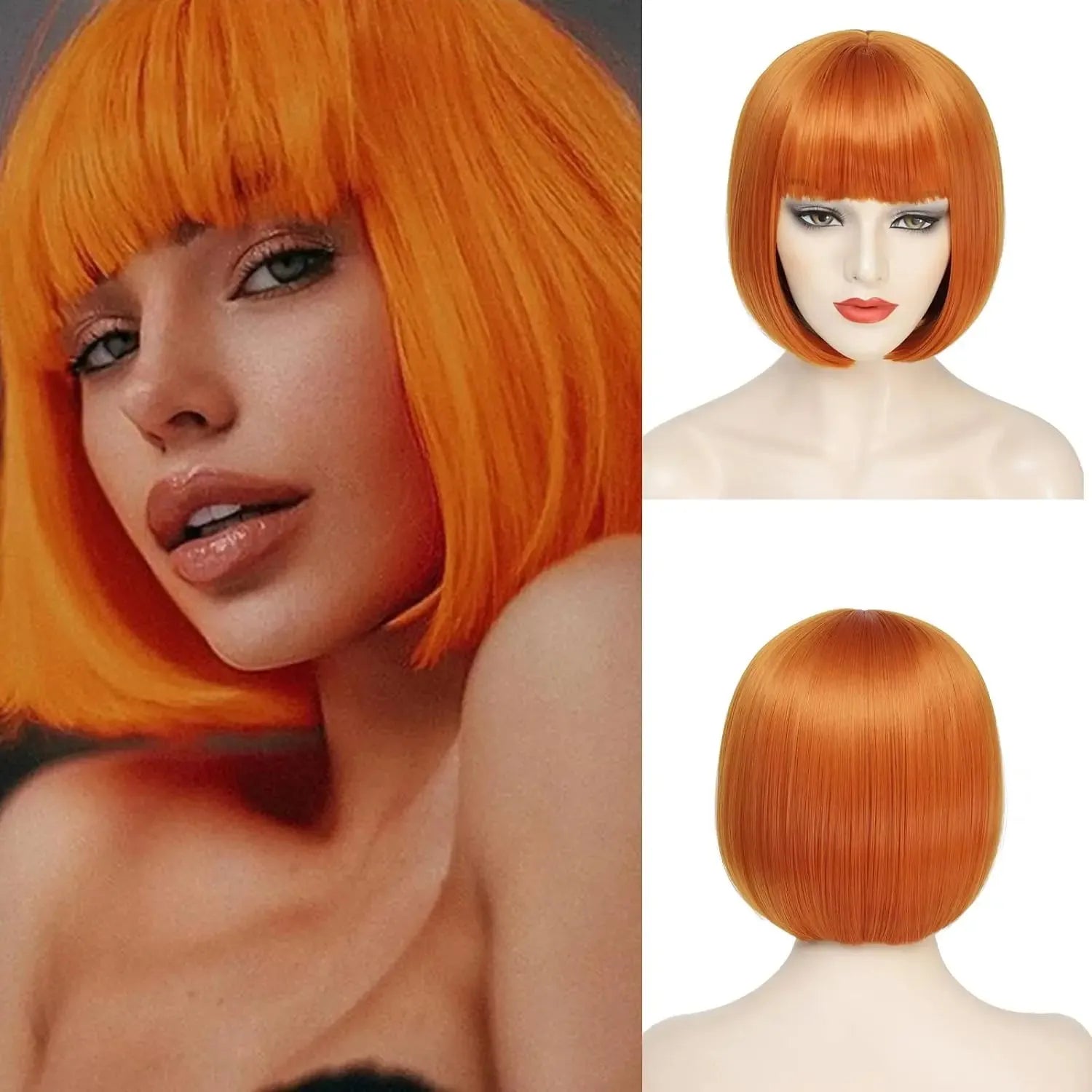 Velvet Luxe Bob Wig – Vibrant Colors Collection with Thick Bangs - 12" / Straight / Orange - Lyvelle