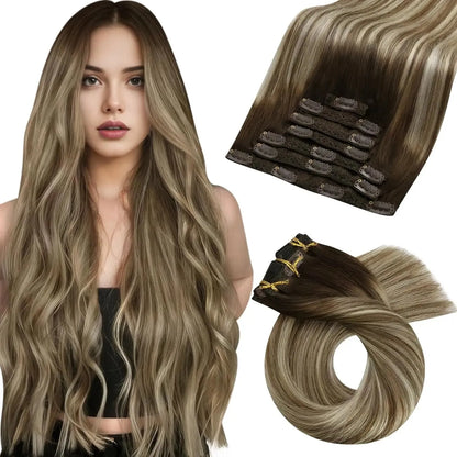 Premium Human Hair Clip-In Extensions – 5 & 7 Pieces, 18-24 Inches - 18" / Body Wave / 4-6-613 - Lyvelle