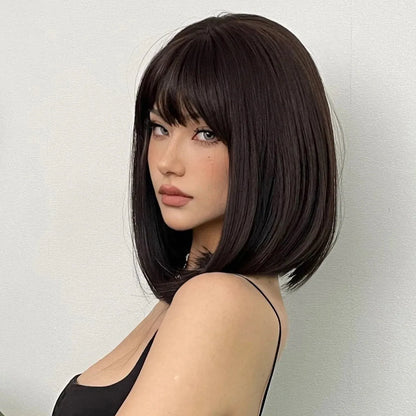 Short Bob Wig with Bangs – Black Brown Synthetic Hair - 12" / Straight / Wig-WL1149-1 - Lyvelle