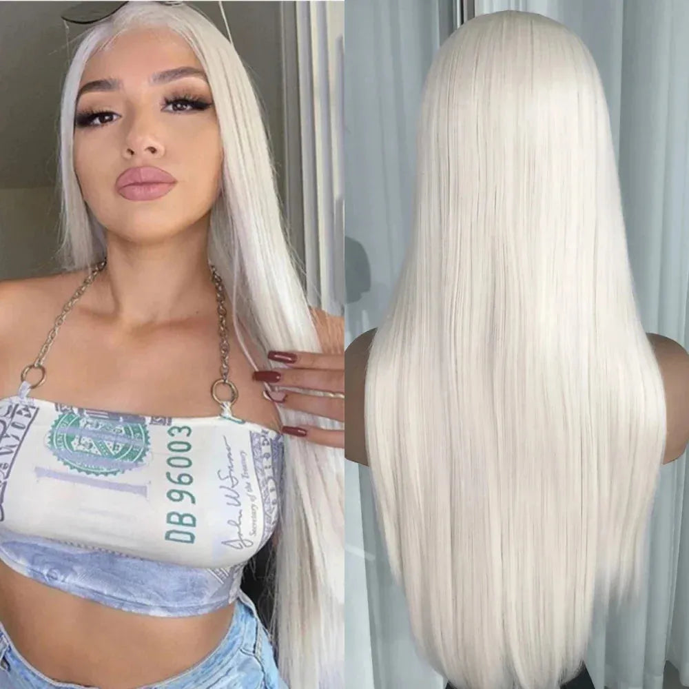 Platinum Blonde Straight Lace Front Wig – 13x4 Pre-Plucked Synthetic Hair - 24" / Straight / Ice White - Lyvelle