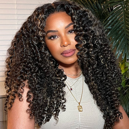 Curly Human Hair Blonde Highlight Frontal Wig - 13x4 Undetectable Lace Front - 16 / 13x4 (Normal Baby Hair) / 150% - Lyvelle