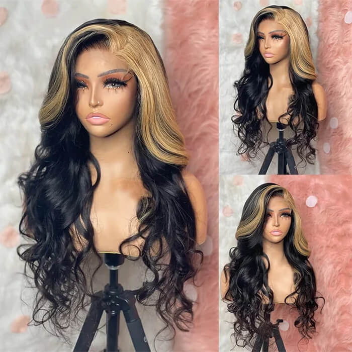 13x4 HD Lace Wig with Body Wave and Blonde/Red/Green Skunk Stripe Highlights - 18 / 150% / 613 - Lyvelle