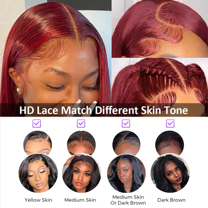 99J Burgundy C Part 13x4 HD Lace Front Human Hair Wig with Pre-Plucked Hairline - 16 / Left C Part / Straight 13x4 Lace - Lyvelle