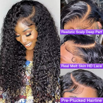 100% Human Hair Glueless Water Wave 13x4 HD Lace C Part Long Wig - 16 / Left C Part / 13x4 Lace 180% - Lyvelle