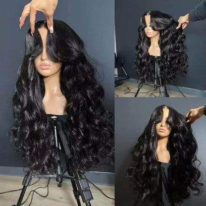 13x6 Lace Frontal Loose Body Wave Wig with Curtain Bangs - Pre-Styled, Human Hair, Pre-Bleached Brazilian Wig for Women - 14 / 13x6 Lace / 150% - Lyvelle