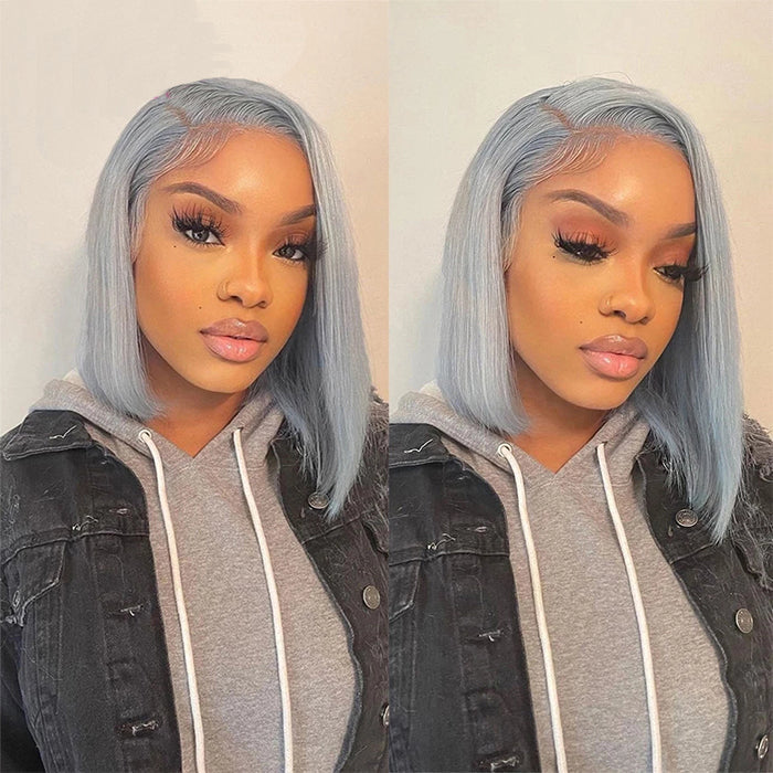 Grey 13x4 Lace Front Human Hair Wig - Straight Silver Bob for Black Women, Pre-Plucked with 150% Density - 10 - Lyvelle