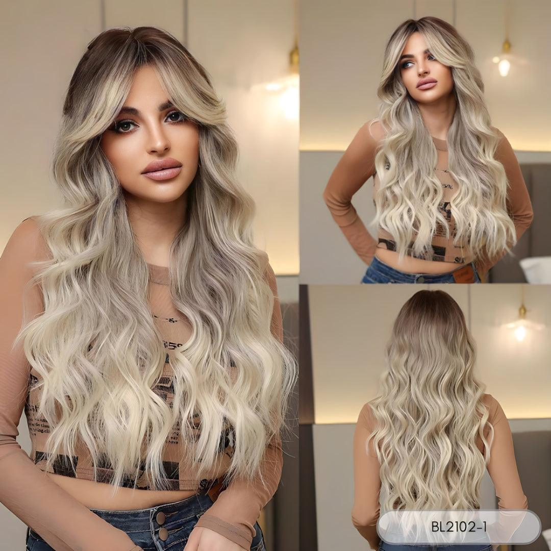 Long Ombre Wavy Wig with Bangs – Heat-Resistant Style - 26"+ / Natural Wavy / BL2102-1 - Lyvelle