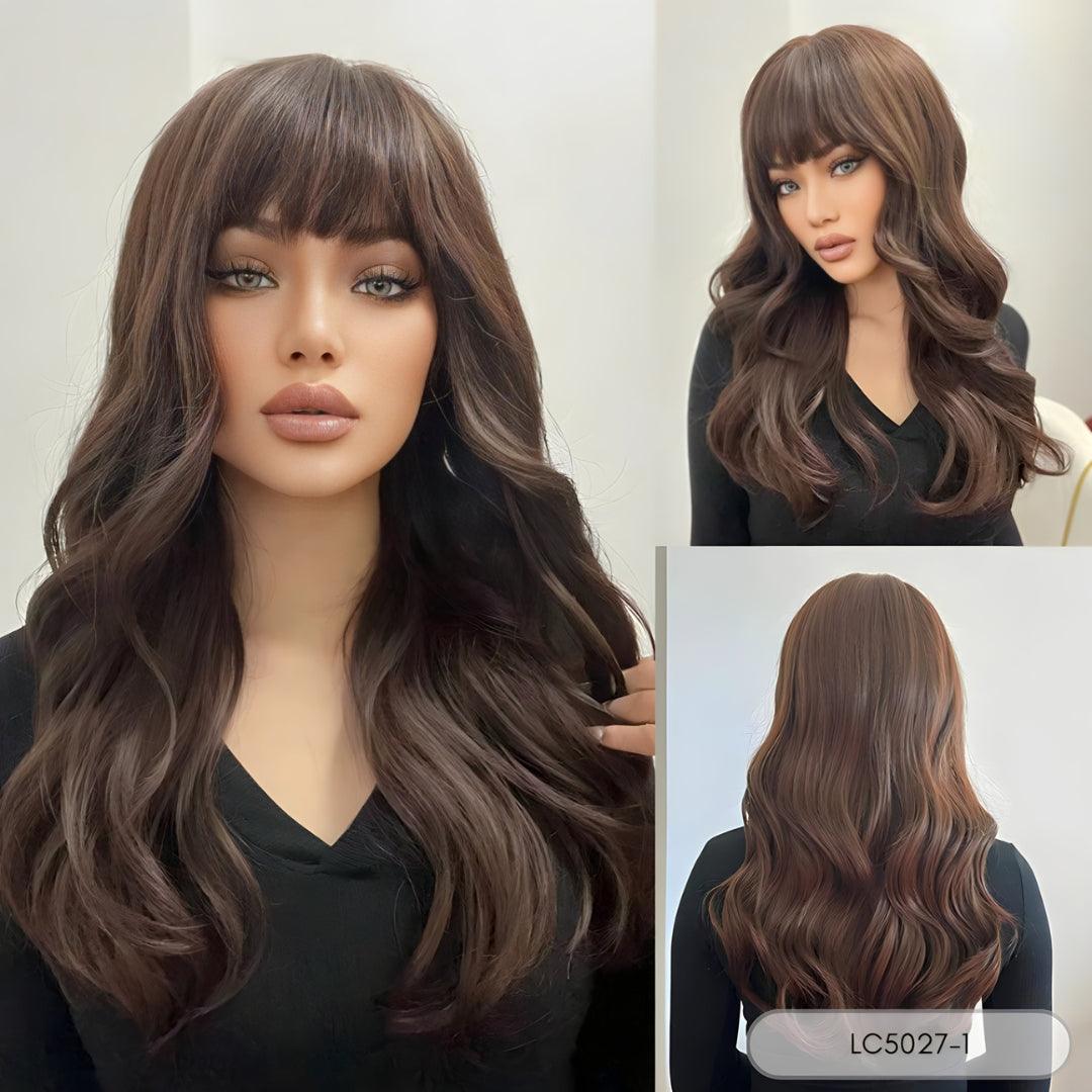 Long Ombre Wavy Wig with Bangs – Heat-Resistant Style - 26"+ / Natural Wavy / LC5027-1 - Lyvelle