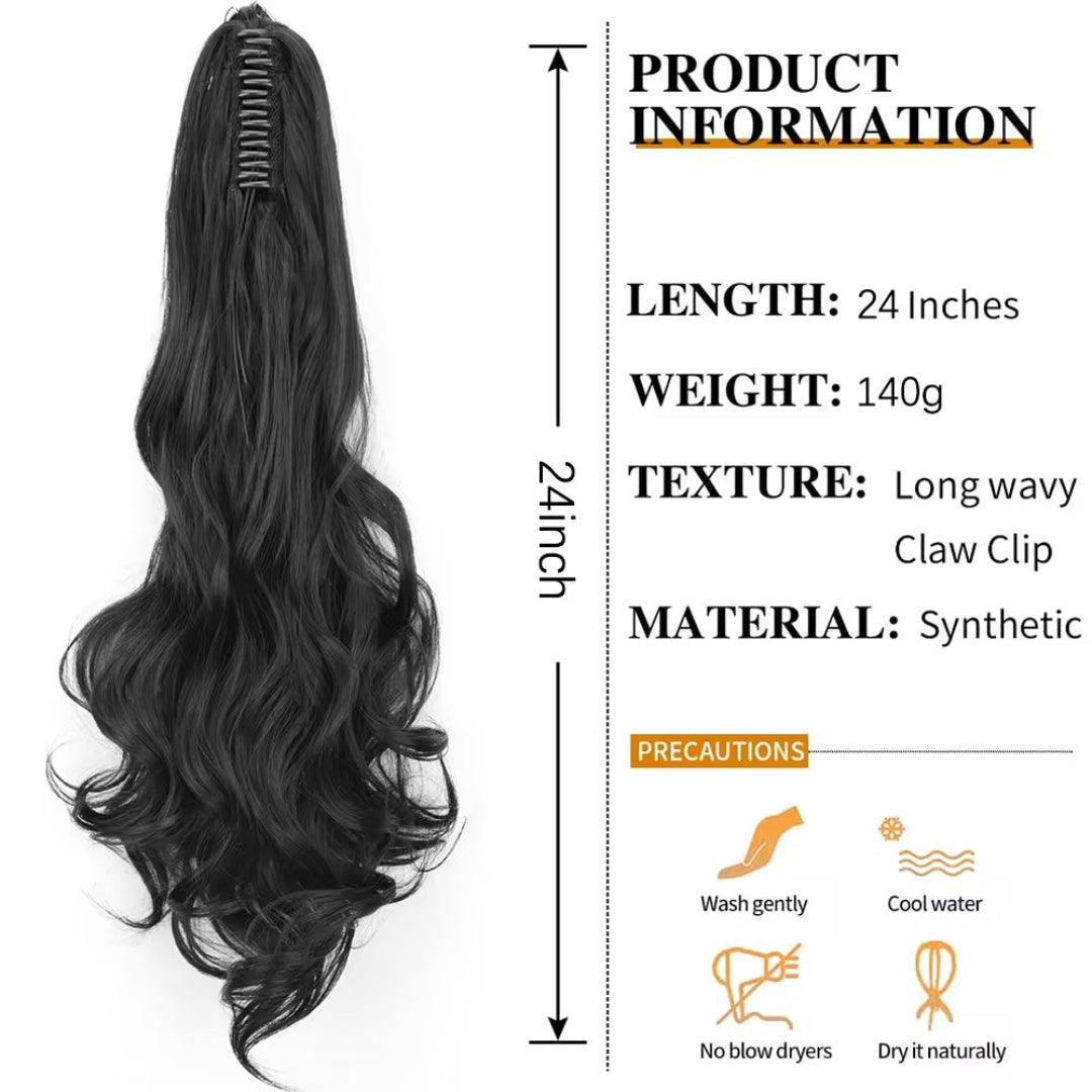 24-Inch Long Natural Wavy Claw Clip Ponytail - 24" / Natural Wavy / W-18 - Lyvelle