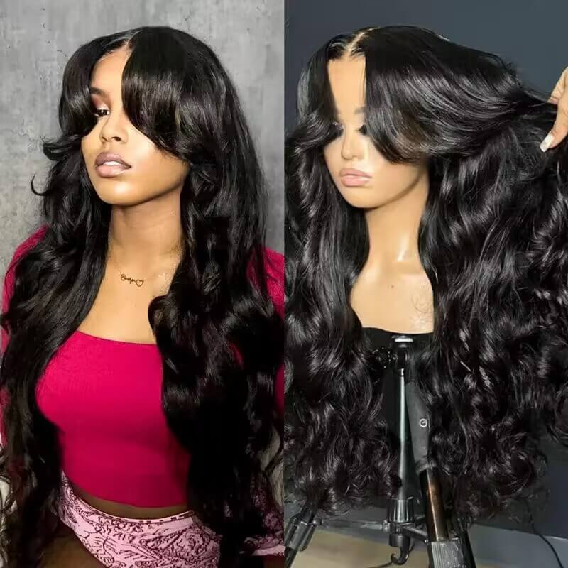 13x6 Lace Frontal Loose Body Wave Wig with Curtain Bangs - Pre-Styled, Human Hair, Pre-Bleached Brazilian Wig for Women - 14 / 13x6 Lace / 150% - Lyvelle