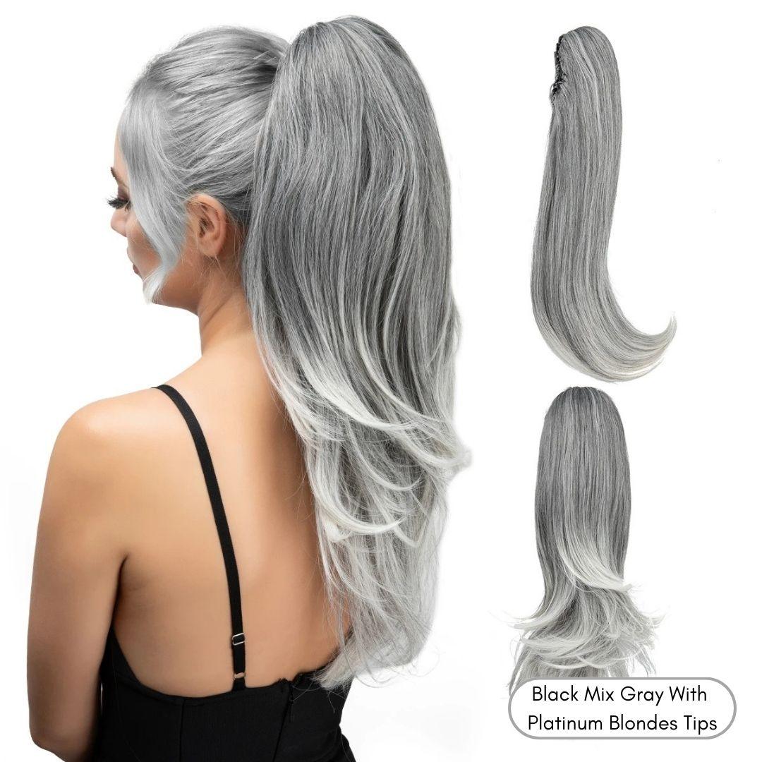 Long Silky Claw Clip Ponytail - 22" / Straight / Black Mix Gray - Lyvelle