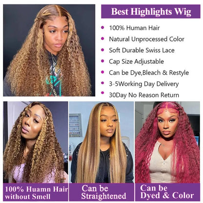 Highlight Ombre Deep Wave Human Hair Wig – HD Lace Front, 8-36 Inch - 13x4 Frontal Wig / 8" / 180% - Lyvelle