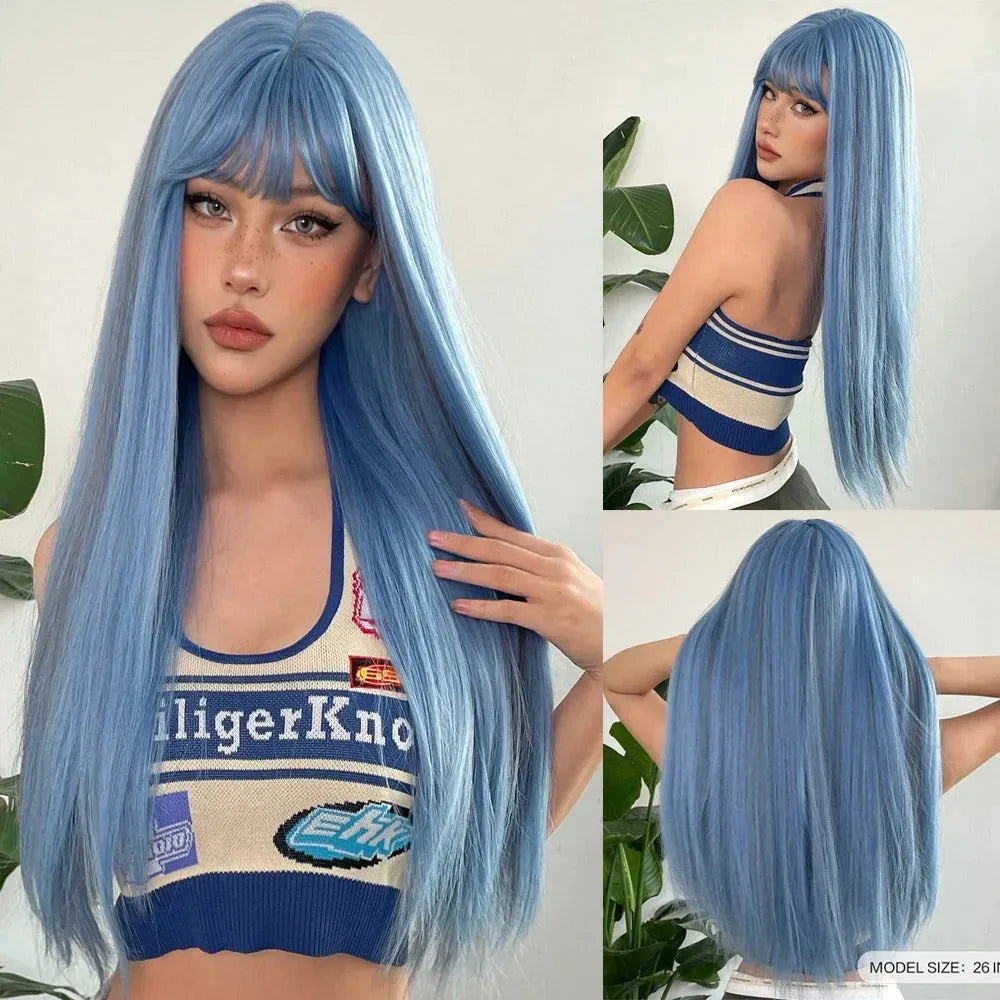 Long Wavy Synthetic Wig with Bangs – Vibrant Colored Styles