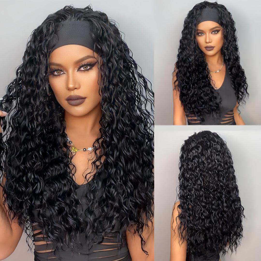 Natural Black Deep Wave Headband Synthetic Wig - 26"+ / Deep Wave - Lyvelle