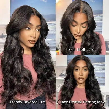 13x6 Lace Frontal Loose Body Wave Wig with Curtain Bangs - Pre-Styled, Human Hair, Pre-Bleached Brazilian Wig for Women - 14 / 13x6 Lace / 150% - Lyvelle