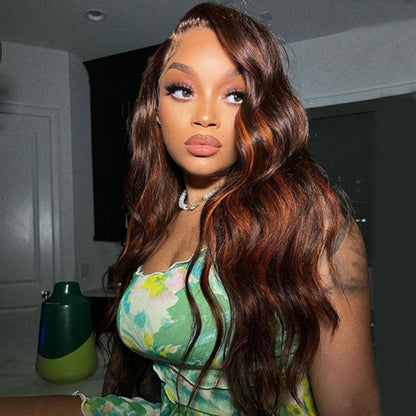 Pre-Plucked 13x4 HD Lace Front Wig for Women - Highlighted Orange Brown Human Hair - 16 / 13x4 Lace / Straight - Lyvelle