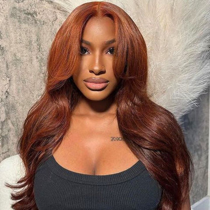 13x4 HD Lace Front Human Hair Wig - #33 Reddish Brown Curtain Bangs - 16 / 5x5 Lace / Straight/150% - Lyvelle