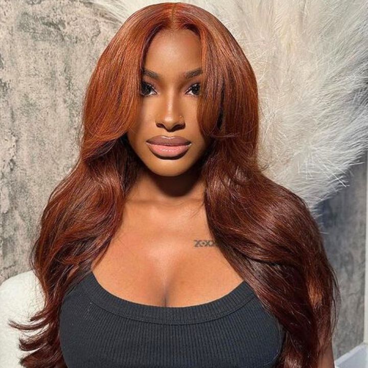 13x4 HD Lace Front Human Hair Wig - #33 Reddish Brown Curtain Bangs - 16 / 5x5 Lace / Straight/150% - Lyvelle