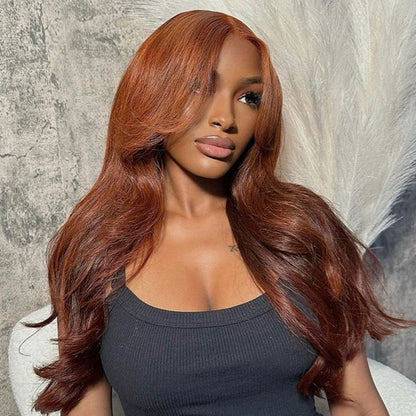 13x4 HD Lace Front Human Hair Wig - #33 Reddish Brown Curtain Bangs - 16 / 5x5 Lace / Straight/150% - Lyvelle