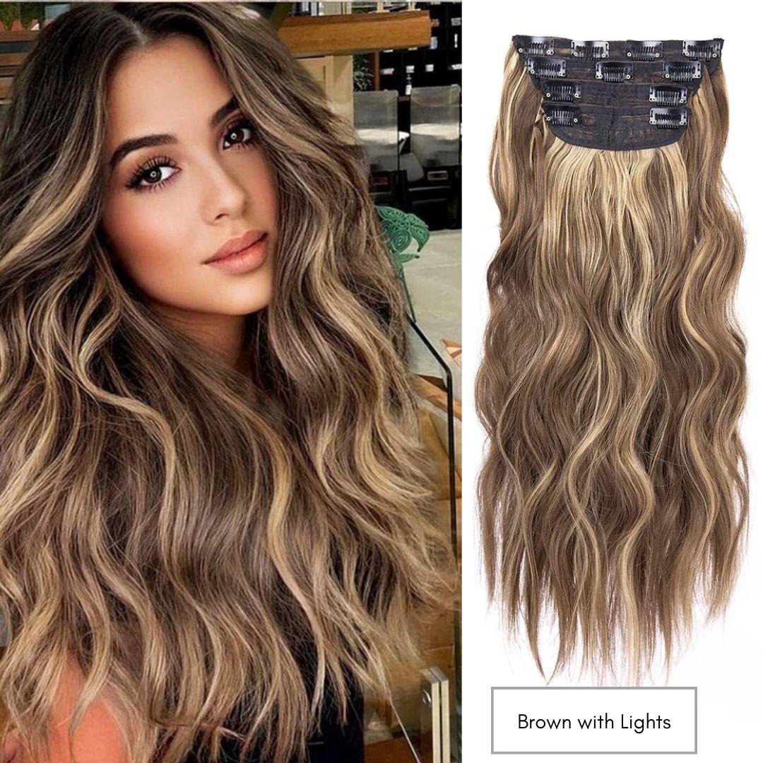 Curly Royal Luxe Clip-In Hair Extensions - 20" / Curly / Brown with Lights - Lyvelle