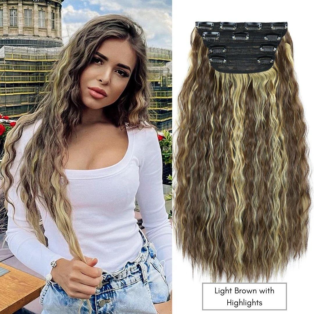 Curly Royal Luxe Clip-In Hair Extensions - 20" / Curly / Light Brown with Highlights - Lyvelle