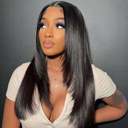 Beautiful Layered Cut Pre-Plucked Glueless 13x4 Frontal Lace Wig - 100% Human Hair - 14 / Mid Part / 5x5 Lace 180% - Lyvelle