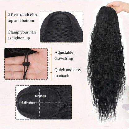 26-Inch Natural Wavy Synthetic Drawstring Ponytail - 26" / Natural Wavy / Black - Lyvelle