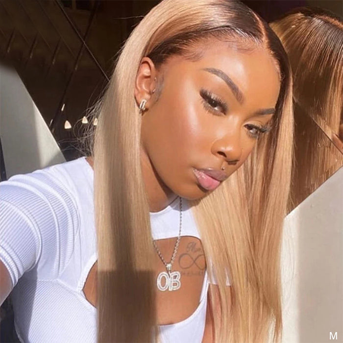 Ombre Blonde T4/27 Straight Lace Front Bob Wig - 13x4 Human Hair - 10 / 13x4 Lace / 150% - Lyvelle