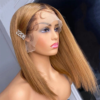 Ombre Blonde T4/27 Straight Lace Front Bob Wig - 13x4 Human Hair - 10 / 13x4 Lace / 150% - Lyvelle