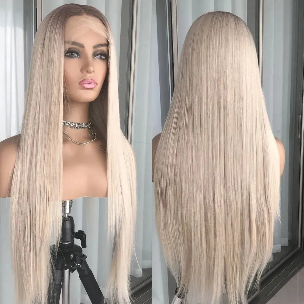 Platinum Blonde Straight Lace Front Wig – 13x4 Pre-Plucked Synthetic Hair - 24" / Straight / 4T Ash Blonde - Lyvelle