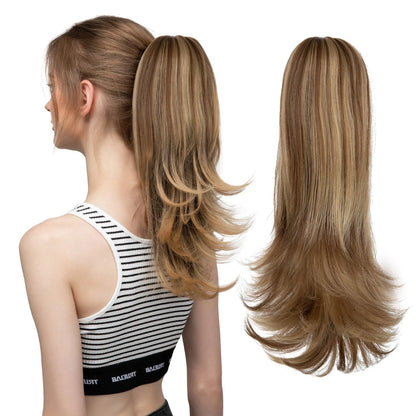 LuxeWave Claw Clip Ponytail Extension - 14" / Natural Wavy / Chestnut with Golden Blonde Highlights - Lyvelle