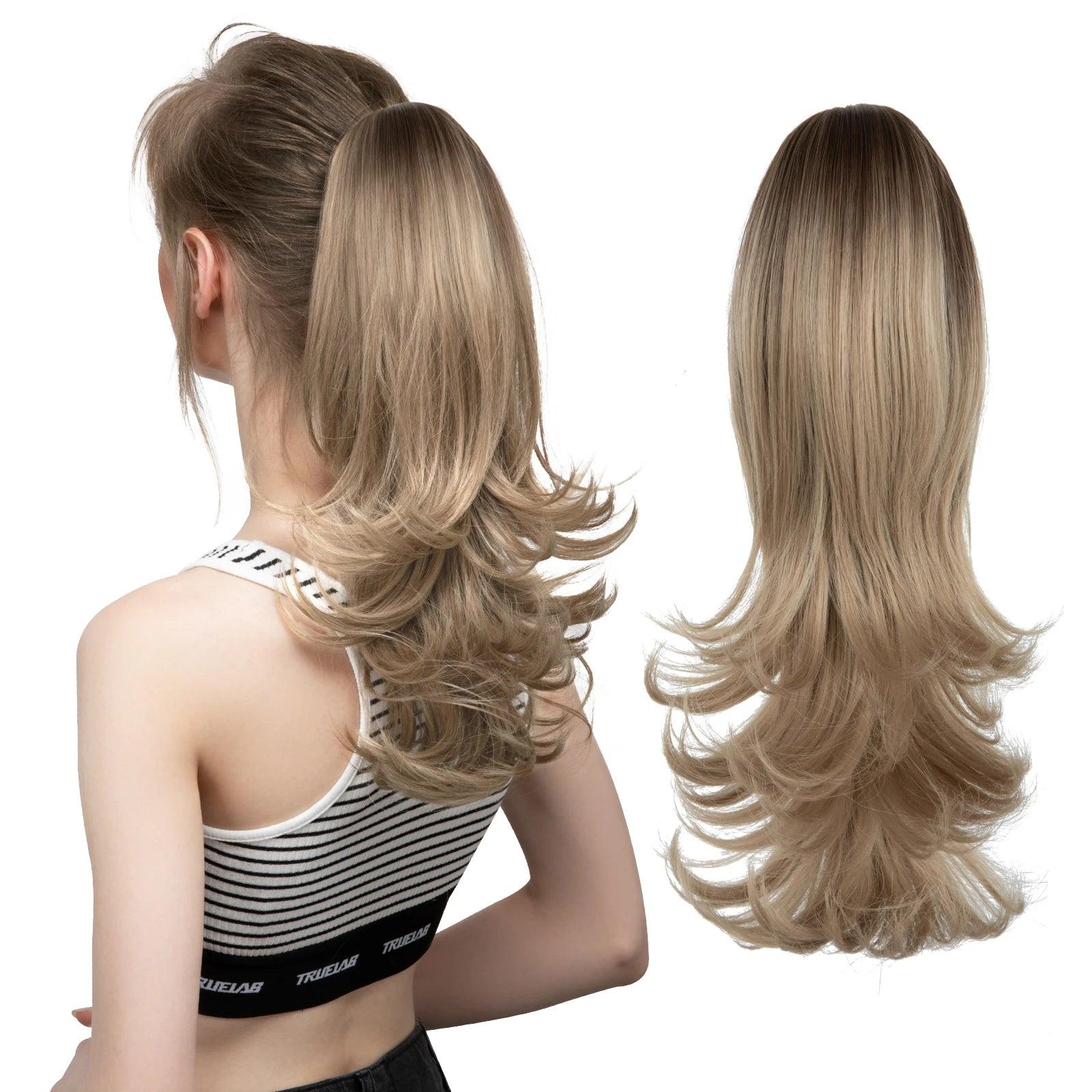 LuxeWave Claw Clip Ponytail Extension - 14" / Natural Wavy / Ash Brown Tipped with Dark Blonde - Lyvelle