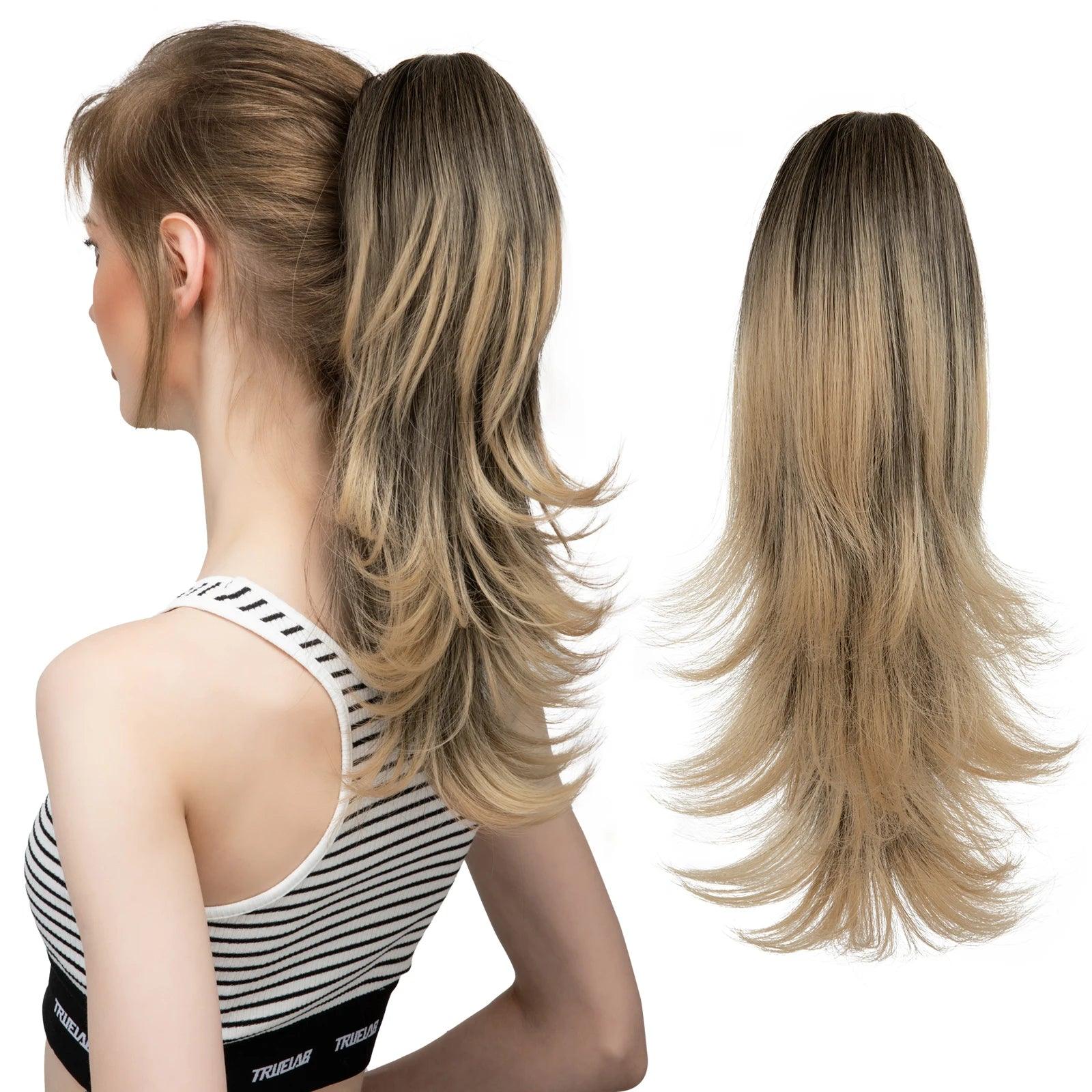 LuxeWave Claw Clip Ponytail Extension - 14" / Natural Wavy / Chocolate Brown Tipped with Ash Blonde - Lyvelle