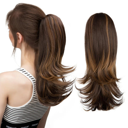 LuxeWave Claw Clip Ponytail Extension - 14" / Natural Wavy / Chocolate with Caramel Highlights - Lyvelle