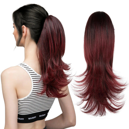 LuxeWave Claw Clip Ponytail Extension - 14" / Natural Wavy / Deep Burgundy Red - Lyvelle